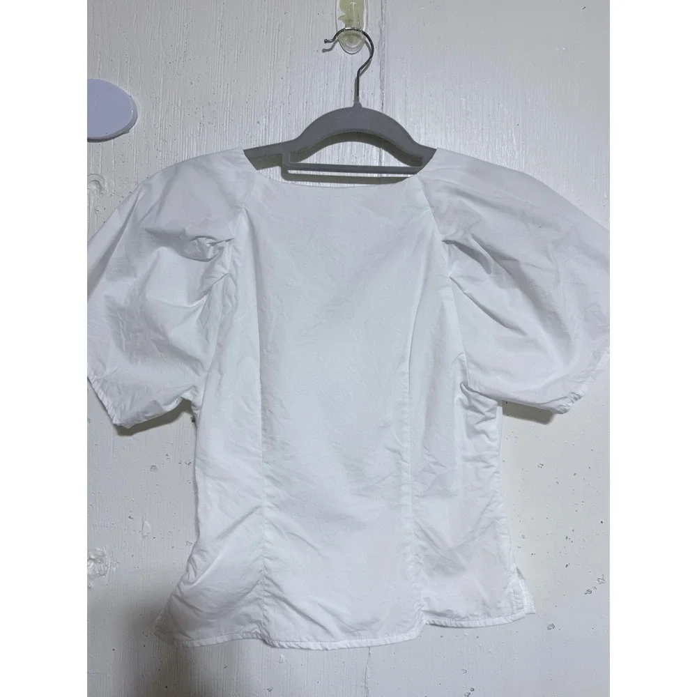 Banana Republic White Cotton Ruched V-Neck Puff Sleeve Blouse Size 2